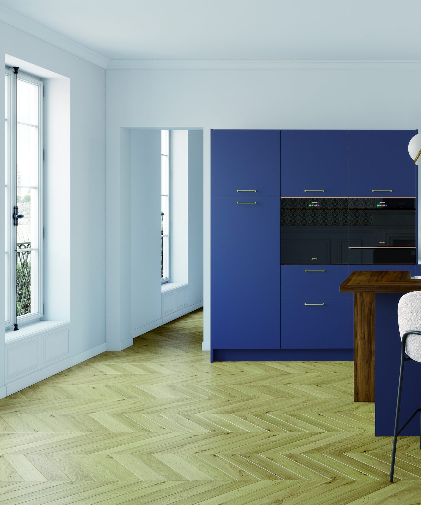 Cuisine Idao Bleu saphir mat et Atoll décor Carrare