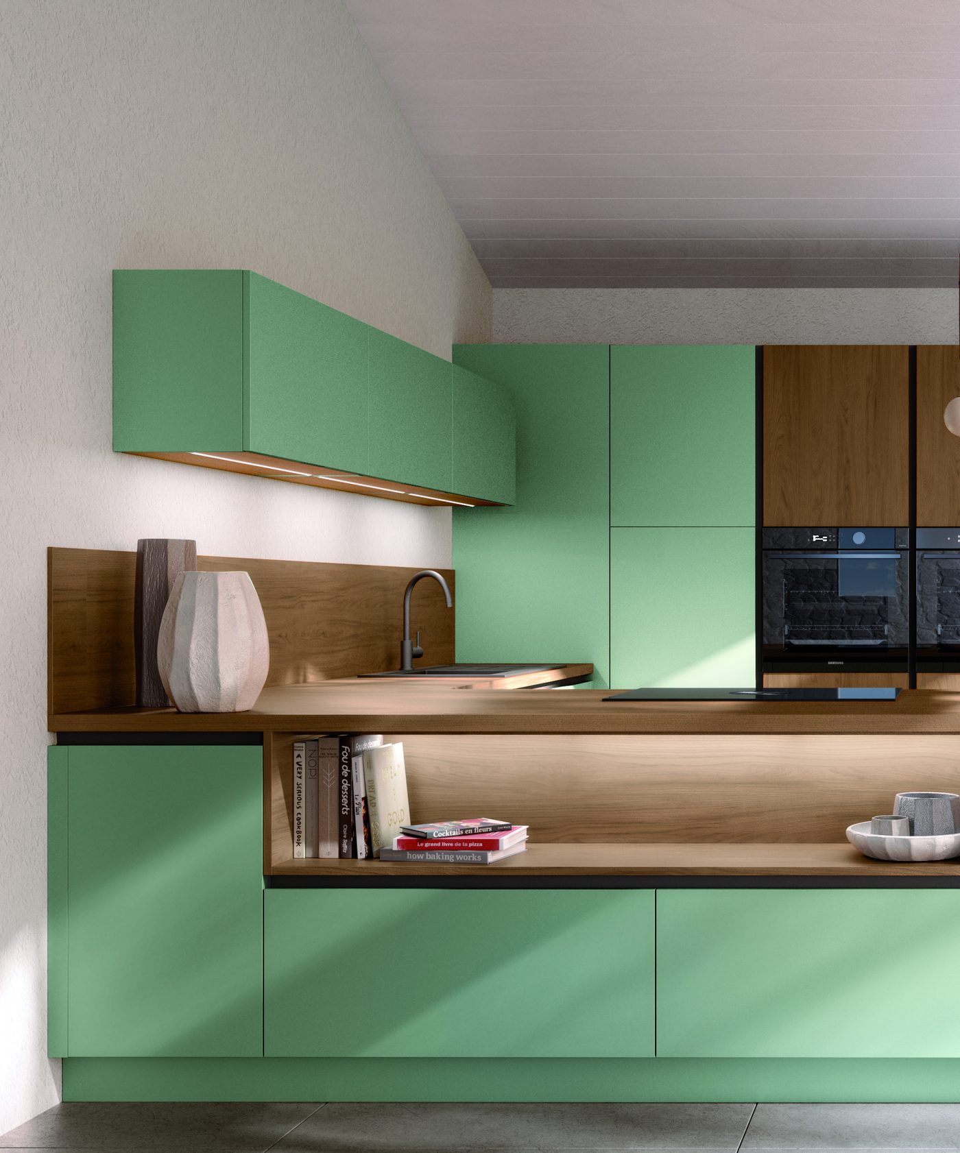 Cuisine Idao en Fenix Vert céladon, façades sans poignée